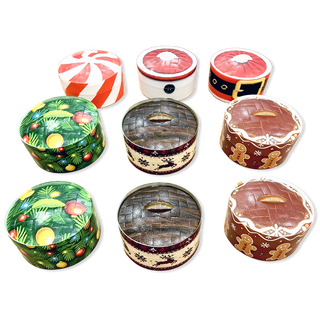 Nine round Christmas-themed tins featuring holiday designs including tree, gingerbread, Santa, and candy cane patterns