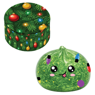 Christmas tree-patterned tin with green glitter squishy dumpling toy with holiday lights