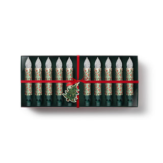 Set of 12 clip-on LED candle lights with red pomegranate floral pattern in green gift box