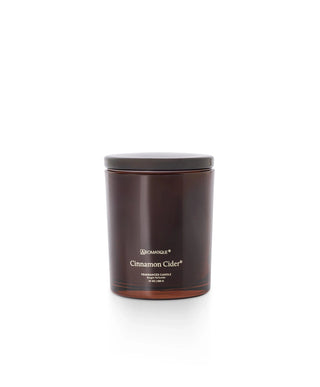 Aromatique Cinnamon Cider 10oz candle in deep amber glass with gold foil label and matte gray lid
