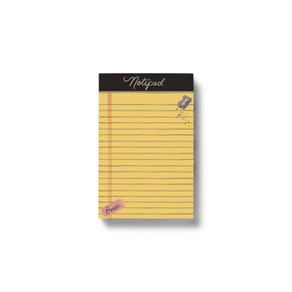 Rifle Paper Co. Class Notes Notepad with yellow legal-pad style pages, black header, pencil sharpener and eraser illustrat...