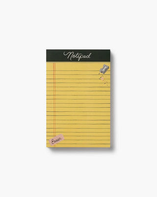 Rifle Paper Co. Class Notes Notepad featuring yellow legal pad design with pencil sharpener illustration