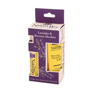 The Naked Bee lavender hand body lotion and lip balm duo in purple retail box with clear window showing yellow tubes