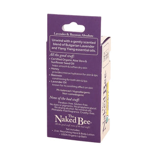 The Naked Bee Lavender Beeswax Absolute set ingredients list on purple cardboard backing with organic aloe and honey details