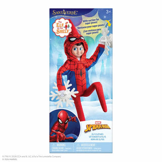 Elf on the Shelf Spider-Man hoodie costume set with snowflake accessories in retail packaging.