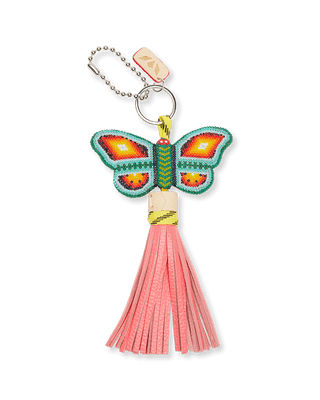 Consuela beaded butterfly keychain charm with colorful wings and pink leather tassel