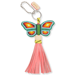 Consuela beaded butterfly charm keychain with teal wings and pink leather tassel