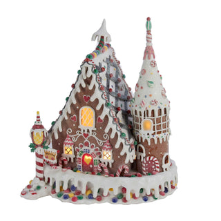 Kurt Adler 13-inch pre-lit claydough gingerbread inn castle with illuminated windows and candy decorations