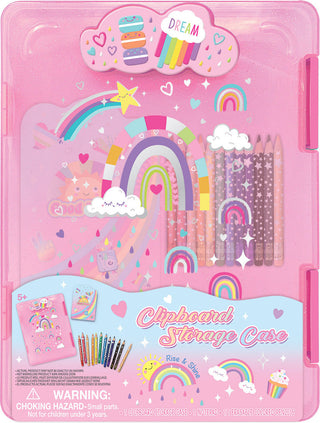 Hot Focus Rainbow Clipboard Storage Case with 12 erasable colored pencils and notepad, pink glitter packaging