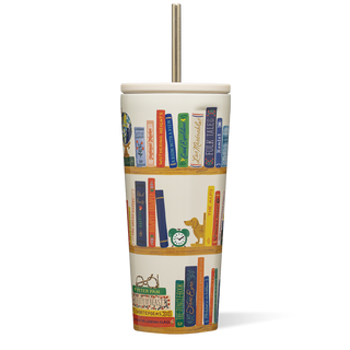 Corkcicle 24oz Cold Cup with colorful illustrated bookshelf pattern featuring classic literary titles