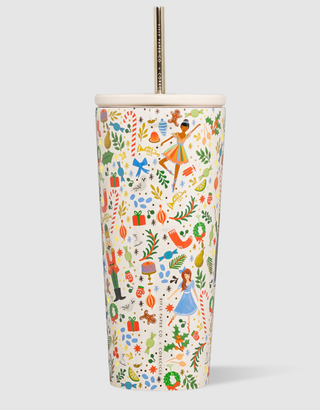 Corkcicle 24oz Cold Cup with Rifle Paper Co. Nutcracker holiday pattern and metal straw