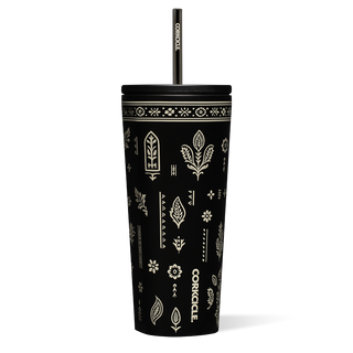 Corkcicle 24oz Cold Cup in Western Gothic black with cream folk art botanical pattern and metal straw