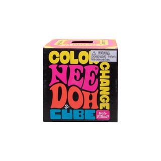 Color Change Nee Doh Cube toy in black box with neon typography packaging