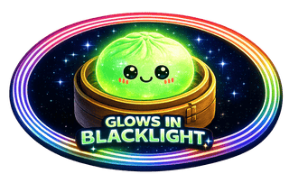 Glowing green kawaii dumpling in bamboo steamer basket with blacklight-reactive feature badge