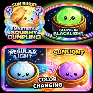Color changing dumpling squishy toy showing regular light to sunlight transformation and blacklight glow