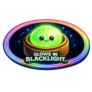 Lime green glowing dumpling squishy toy in steamer basket under blacklight with cosmic background