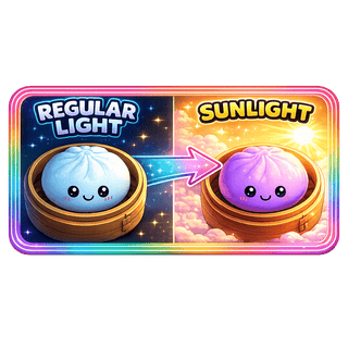 Pale blue to purple color changing dumpling squishy toy before and after sunlight exposure