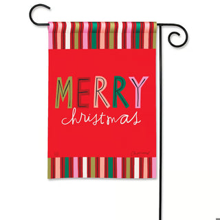 Red garden flag with multicolor stripes and Merry Christmas text on metal stand