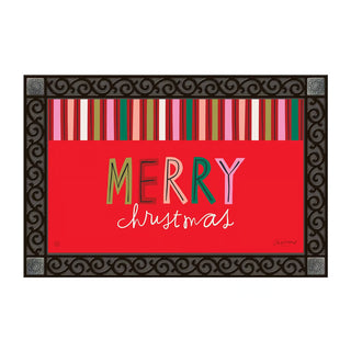 Red Merry Christmas doormat with colorful stripes and decorative dark rubber border