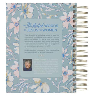 Back cover of Illustrated Words of Jesus for Women spiral-bound coloring devotional book with floral design