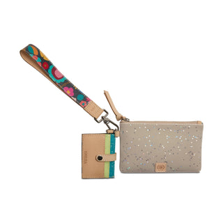 Beige glittery pouch with colorful strap and card holder 