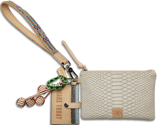 Beige wristlet with snake skin pattern, colorful strap, and keychain 