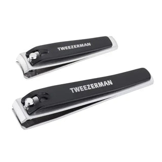 Tweezerman Combo Clipper Set with stainless steel curved fingernail and straight toenail blades, black rubberized grip handles