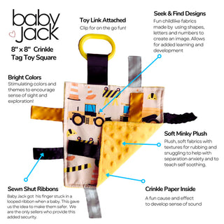 Diagram of 8x8 inch crinkle tag toy showing minky backing, sewn ribbons and loop handle