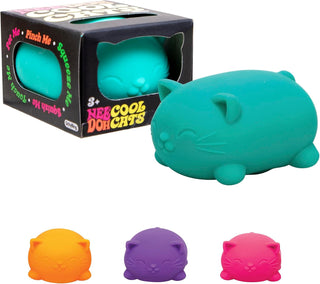 Schylling Cool Cats Nee Doh squishy teal cat toy with orange, purple, pink variants