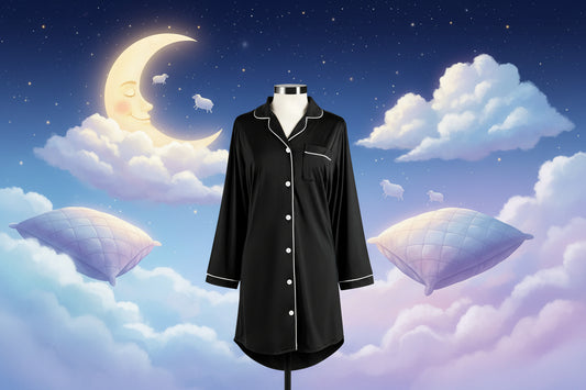 A Black Cooling Night Shirt With Buttons And Front Pocket