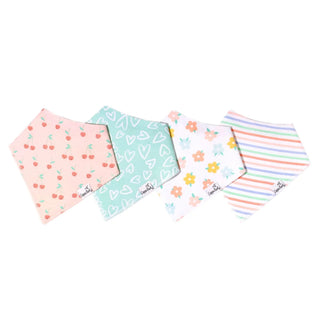 Cotton knit bandana bibs with cherry, heart, floral, and pastel stripe prints for babies