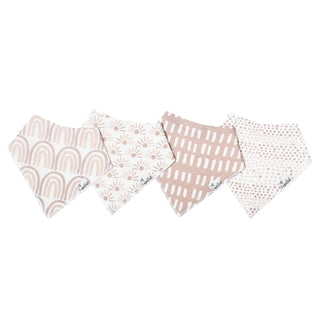 Copper Pearl baby bibs set with beige rainbows, sunbursts, brushstrokes, and dot patterns on white