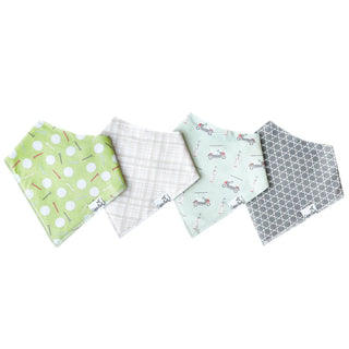 Golf themed baby bibs with golf balls, plaid, carts, clubs, and geometric triangle grid