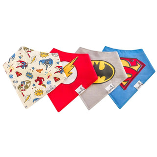 Superhero bandana bibs with DC characters, Flash lightning, Batman bat symbol, and Superman shield