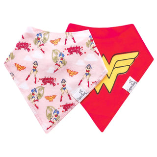 Wonder Woman baby bandana bibs set with full-body illustrations and wing logo in pink and red