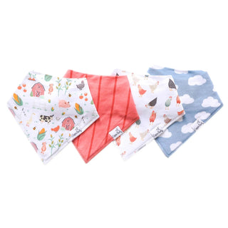 Farm animal bandana bibs with barn, cows, pigs, chickens, corn, apples, and cloud patterns