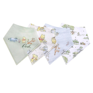 Winnie the Pooh bandana bibs set with Eeyore, Piglet, Tigger, honey pot, and forest scenes