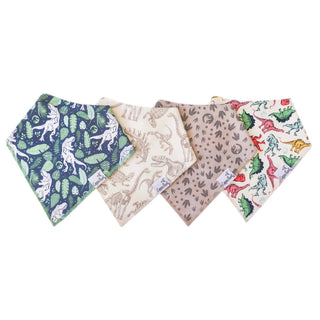 Copper Pearl dinosaur bandana bibs set with T-Rex, skeleton, footprint, and cartoon dino prints