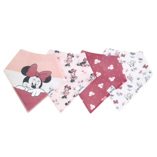 Minnie Mouse bandana bibs with face peek, poses, Mickey polka dots, and floral butterfly motifs