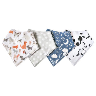 Dog themed bandana bibs set with cartoon breeds, paw prints, stars, and Dalmatian spots
