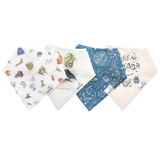 Harry Potter Hogwarts bandana bibs with Sorting Hat, lion, raven, broomsticks, and potion bottles
