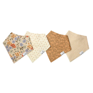 Earth tone floral bandana bibs with wildflowers, geometric diamonds, vines, and houndstooth