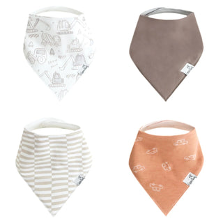 Copper Pearl baby bandana bibs set of 4 with construction vehicle print, dusty rose, stripe, and car motifs