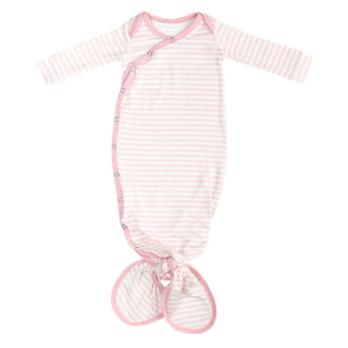 Pink striped knotted newborn gown with ribbed trim and foot coverings