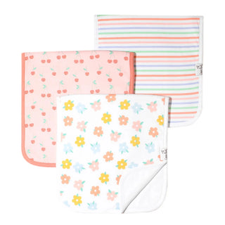 Pastel daisy cherry blossom stripe baby burp cloths with smiling prints and coral trim