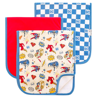 DC Comics superhero burp cloths with Superman Batman Wonder Woman comic art