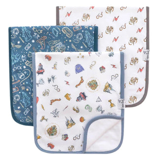 Harry Potter burp cloths with wands lightning bolts Hogwarts crest and house symbols