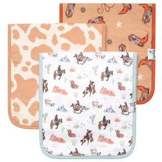 Western cowboy horse cow print burp cloths with cacti mountains and rope motifs