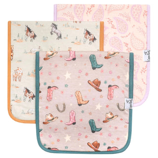 Cowboy boot horse paisley baby burp cloths with teal orange lavender binding