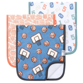 Basketball hoop numbers sports theme baby burp cloths in royal blue cream white